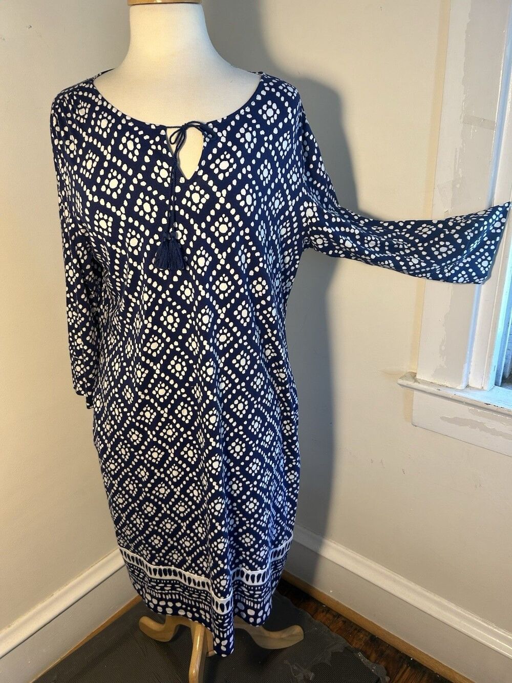Coldwater Creek Blue Floral Keyhole & Tassels Midi Dress XL Summer POCKETS !!